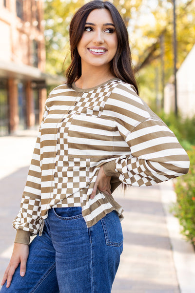 Trendy Women's Khaki Checkerboard Patchwork Blouse with Lantern Sleeves and Pockets for Effortless Style