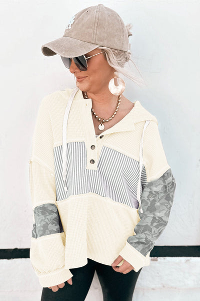 Women's Casual White Waffle Knit Hooded Long Sleeve Top with Drawstring - Stylish Patchwork Design for Everyday Comfort