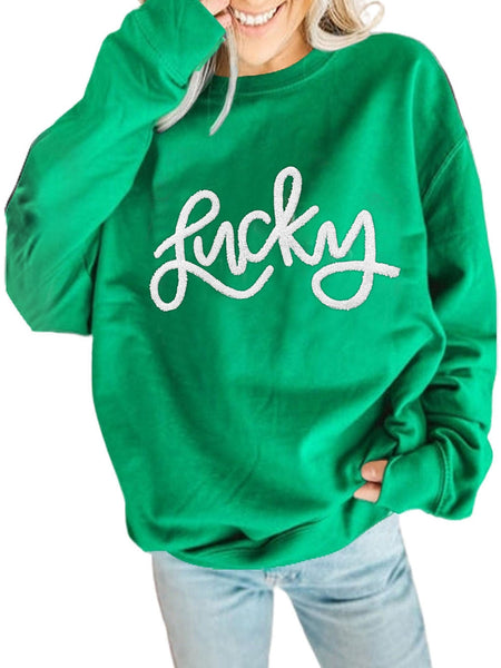 Lucky Green Alphabet Embroidered Chenille Crewneck Sweatshirt