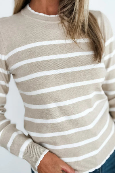 Women's Stylish Khaki Striped Ribbed Knit Sweater with Contrast Trim - Versatile Round Neck Pullover for All Seasons made for easy styling and