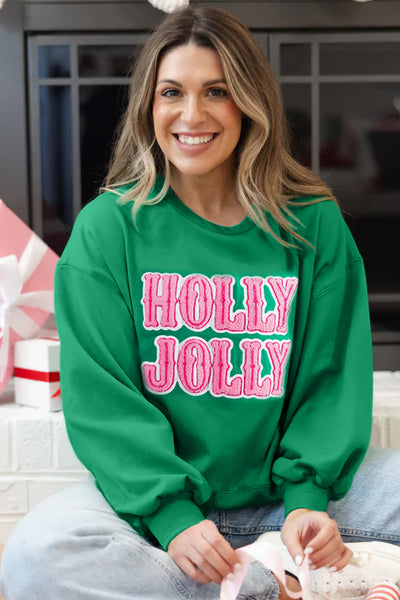 Women's Sea Green "Holly Jolly" Holiday Sweatshirt - Embroidered Towel Design, Cozy Comfort Fit for Festive Style