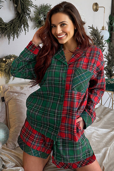 Cozy Women's Red Plaid Christmas Pajama Set - Long Sleeve Top & Shorts with Contrast Patches for Holiday Comfort