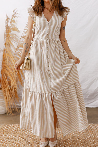 Women's Khaki Striped Flutter Sleeve Maxi Dress with Button Front