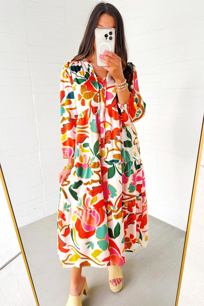 Boho Chic Women's Orange Floral Split V-Neck Tiered Maxi Dress for Effortless Summer Elegance and Comfort