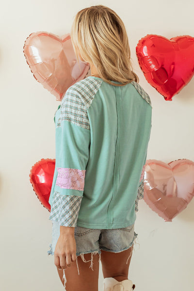 Women's Aqua Plaid Floral Graphic Long Sleeve Top with Peace Heart Design - Stylish Casual Comfort for Everyday Wear