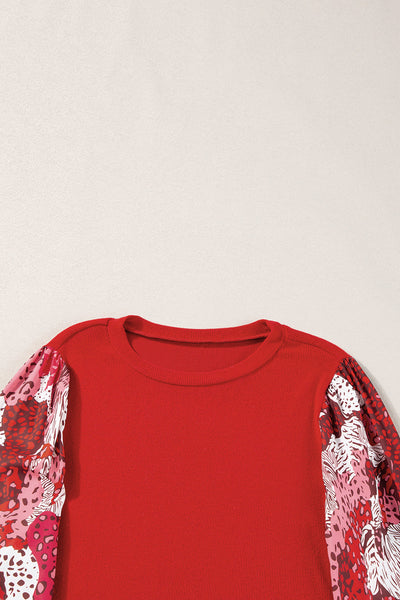 Women's Fiery Red Lantern Sleeve Top with Mixed Animal Print Trendy Patchwork Design for Stylish Casual Outfits