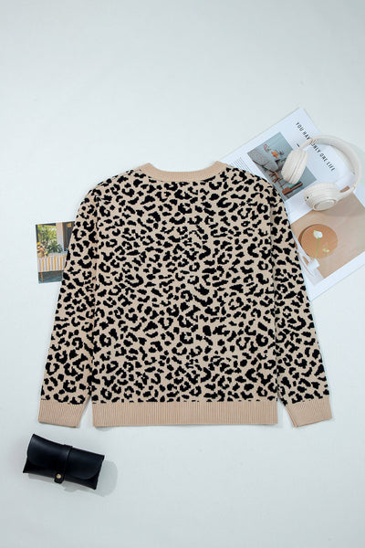 Women's Cozy Black Leopard Print Chunky Knit Cardigan Sweater with Drop Shoulders for Stylish Warmth made for easy styling and wardrobe coordination,