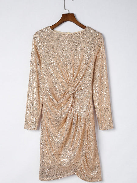 Women's Dress - A Line Dress Wedding Guest Maxi long Dress Beige Long Sleeve Solid Color Sequins Fall Winter V Neck Stylish Elegant Formal Party S M L XL / Party Dress