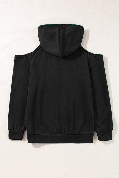Trendy Women's Black Cold Shoulder Hoodie with Exposed Seams & Adjustable Drawstring for Casual Chic Comfort