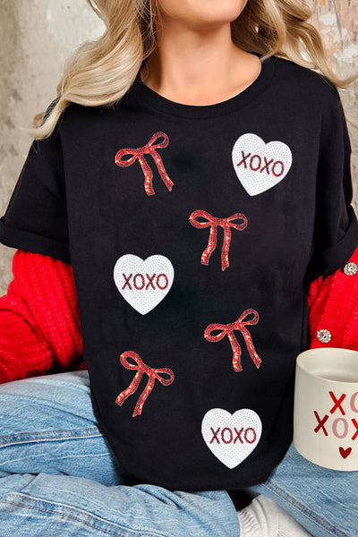 Sequin Bow & Heart Valentine's Graphic Tee in Black