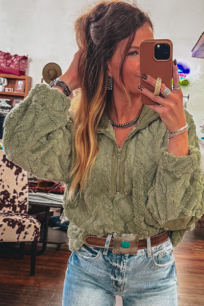 Cozy Women's Laurel Green Textured Plush Half Zip Sweatshirt with Stand Collar for Casual Comfort and Style