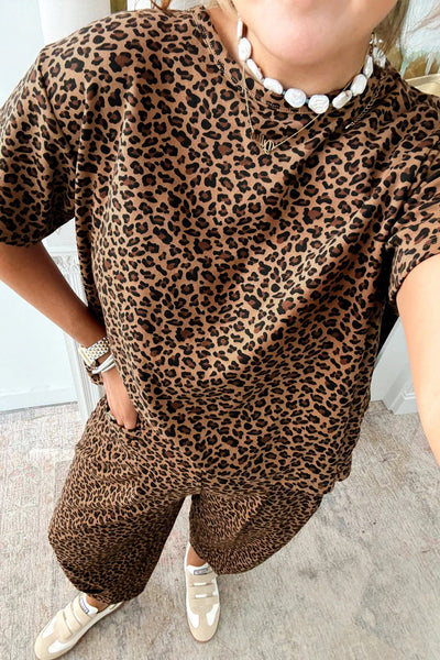 Women's Leopard Print Relaxed Tee and Barrel Leg Pant Set