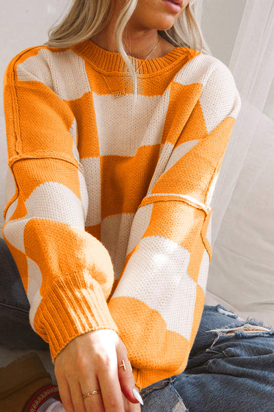 Women's Cozy Orange Checkered Bishop Sleeve Sweater - Stylish Knit Pullover for Fall Fashion and Casual Wear