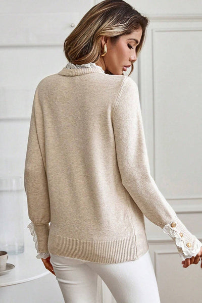 Cozy Women's Relaxed Fit Jet Stream Sweater with Lace Trim and Buttoned Cuffs for Effortless Chic Style