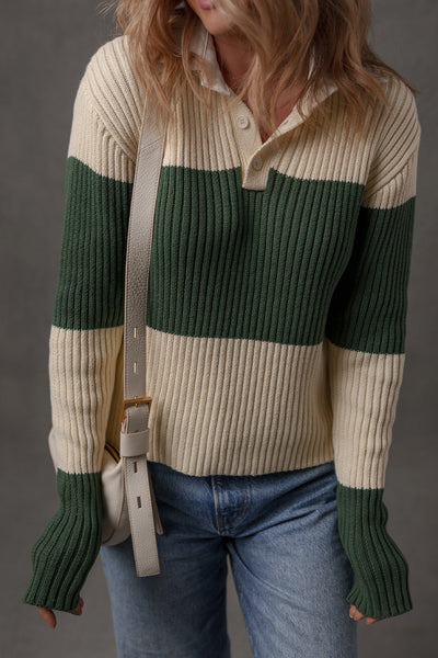 Women's Blackish Green Color Block Ribbed Knit Sweater with Shirt Collar - Slim Fit Stylish Top