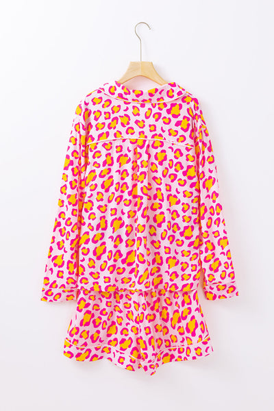 Cozy Women's Pink Leopard Print Pajama Set with Long Sleeve Shirt & Shorts - Stylish Sleepwear for Ultimate Comfort