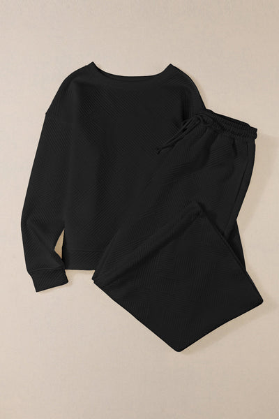 Women's Black Ultra Loose Textured 2-Piece Lounge Set - Cozy Slouchy Casual Outfit for Effortless Everyday Style