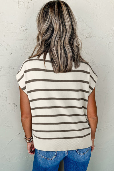 Women's Striped Crew Neck Short Sleeve Knit Sweater in Cream