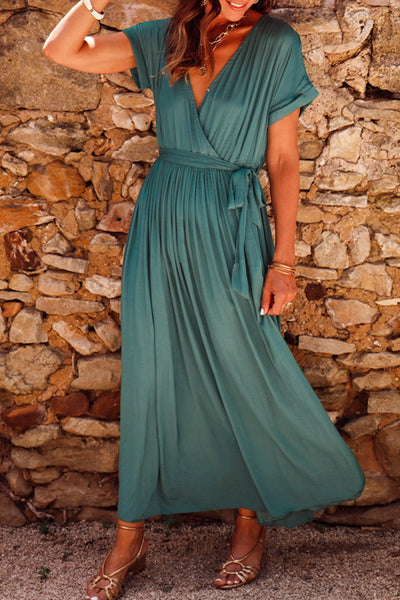 V-Neck Long Sleeve Pleated Dress
