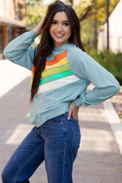 Cozy Women's Beau Blue Rainbow Colorblock Striped Pullover Sweatshirt for Casual Chic Style and Comfort