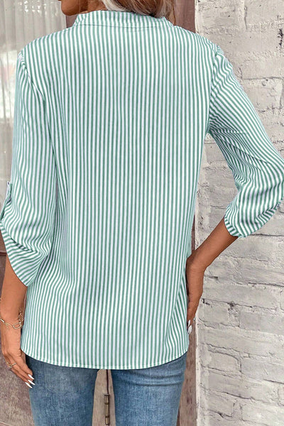 Women's Casual Green Striped V-Neck Shirt with Roll-Up Sleeves and Pocket - Perfect for Everyday Wear
