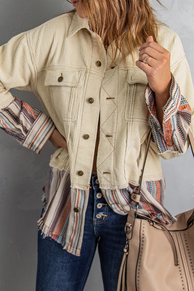 Cozy Women's Color Block Striped Corduroy Jacket with Button-Up Front and Pockets - Perfect Fall Outerwear made for easy styling and wardrobe