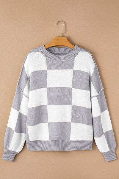 Chic Women's Gray Checkered Bishop Sleeve Sweater - Cozy Knit Top with Trendy Puff Sleeves for Stylish Fall Looks