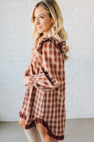 Stylish Women's Red Plaid Ruffled Mini Dress with Long Sleeves and Trendy Patchwork Hem for Casual Summer Outings