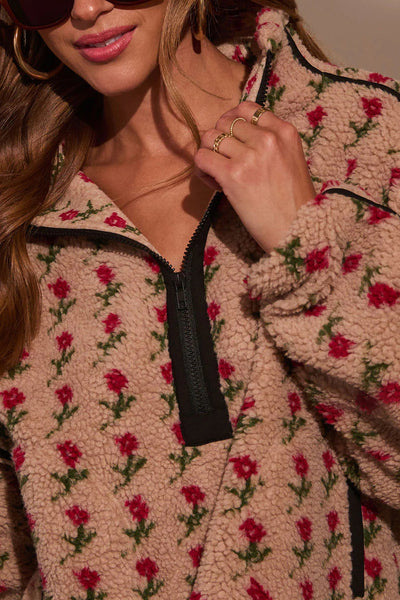 women's rose print sherpa half-zip pullover in beige made for easy styling and wardrobe coordination, with premium-like structure and finish. with