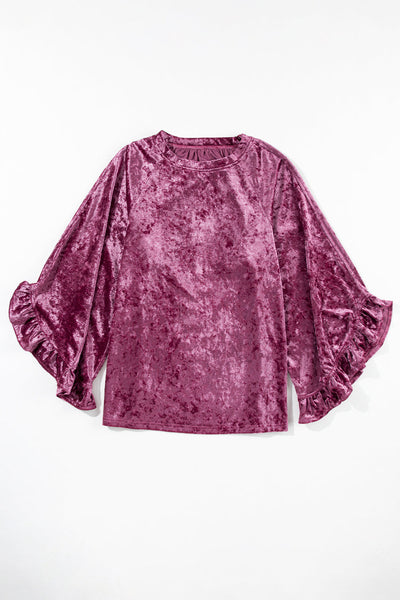 Elegant Red Dahlia Velvet Crew Neck Top with Pagoda Sleeves for Women - Chic, Stylish Fit for Any Occasion