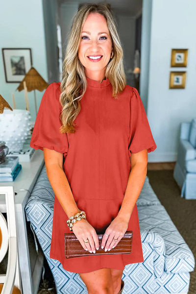 Chic Flamingo Pink Mini Dress for Women - Frilled Short Puff Sleeves, Round Neck, Perfect for Summer Outings