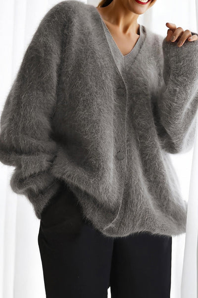 Women's Philippine Gray V-Neck Fuzzy Mohair-Blend Cardigan made for easy styling and wardrobe coordination, with premium-like structure and finish.