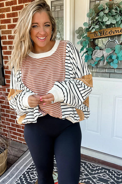 Trendy Women's Oversized Pink Striped Color Block Long Sleeve Top with Exposed Seams for Casual Chic Looks