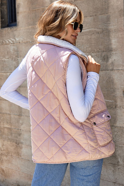 Cozy Women's Pink Quilted Vest Coat with Fleece Lining  Stylish Fall/Winter Outerwear for Effortless Warmth and Fashion