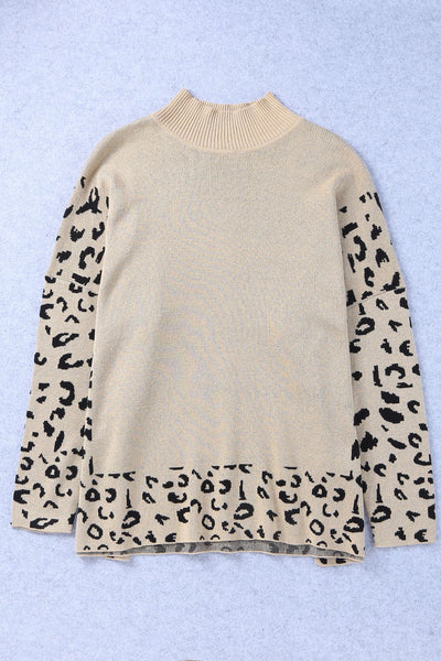 Trendy Women's Oversized Khaki Leopard Print Sweater with High Neck and Side Slits for Cozy Style made for easy styling and wardrobe coordination,