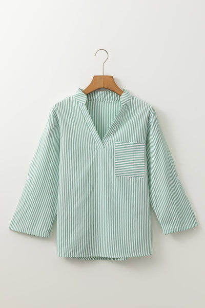 Women's Casual Green Striped V-Neck Shirt with Roll-Up Sleeves and Pocket - Perfect for Everyday Wear