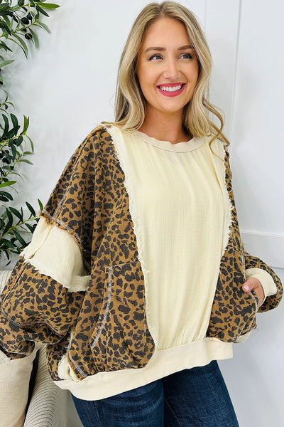 Trendy Women's Beige Leopard Patchwork Long Sleeve Top - Stylish Baggy Fit with Raw Seam Color Block Detail