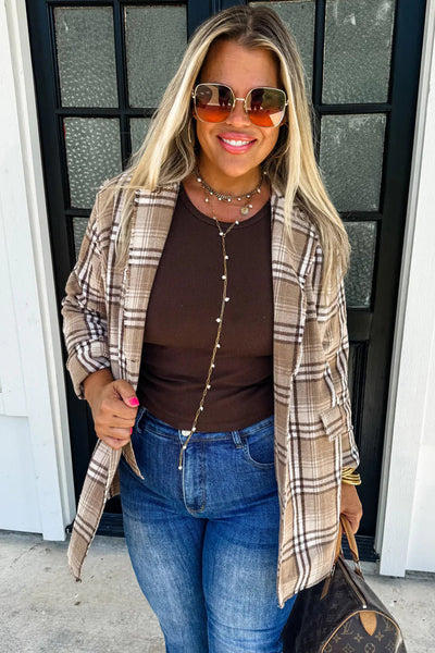 Trendy Women's Khaki Plaid Shacket with Raw Edge - Stylish Open Front Layer for Casual Chic Outfits