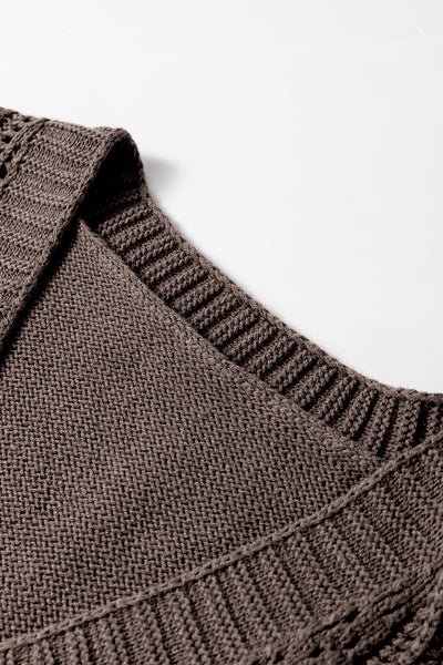 Chic Women's Dark Khaki Open Knit Cardigan Sweater - Cozy Drop Shoulder Design for Effortless Layering