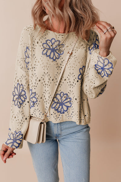 Chic Women's Beige Eyelet Sweater with Floral Print & Drop Shoulder Design for Effortless Casual Style