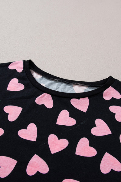 Women's Black Heart Print Long Sleeve Lounge Set with Shorts Adorable Cozy Valentine's Day Outfit for Women