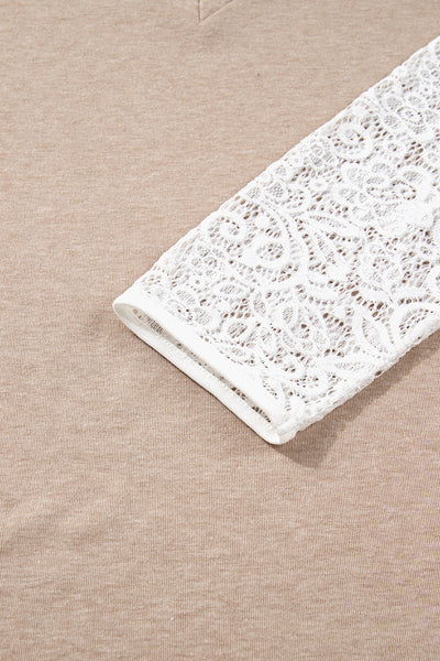 Women's V-Neck Oatmeal Long Sleeve Top with White Floral Lace