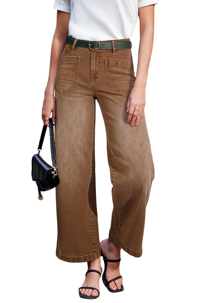 Stylish Brown Minimalist Women's Shift Jeans with Functional Patch Pockets for Effortless Comfort and Versatile Fashion