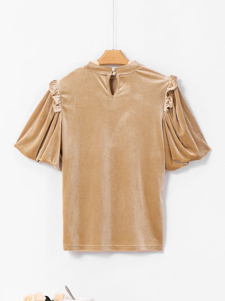Romantic French Beige Ruffled Puff Sleeve Mock Neck Velvet Blouse