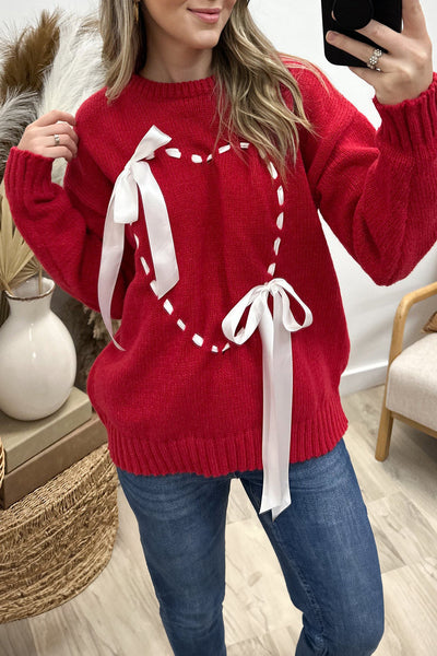 Women's Cozy Racing Red Bow Knot Heart Stitch Drop Shoulder Sweater - Stylish Casual Top for Everyday Wear