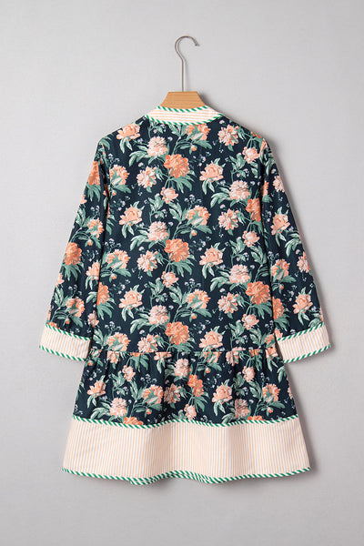 Stylish Women's Blue Floral Mini Dress with Striped Trim, V-Neck, Long Sleeves, and Ruffle Hem for Effortless Charm