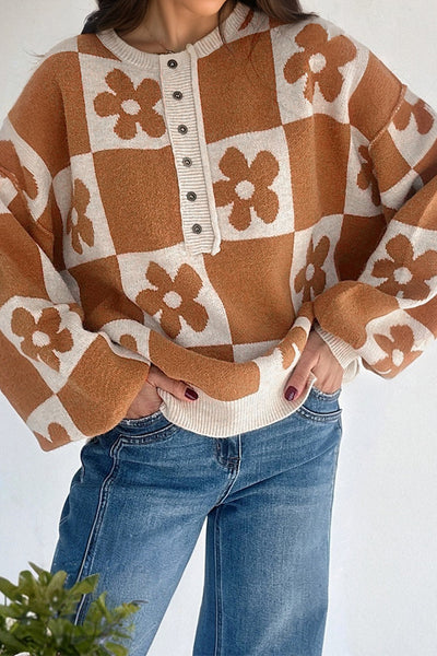 Women's Floral Checkerboard Viscose-Blend Henley Sweater