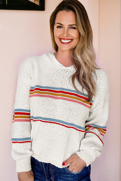 Cream Popcorn Knit Striped Hooded Sweater with practical styling and dependable silhouette control.