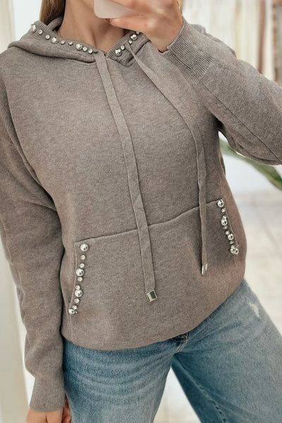 Chic Gray Hooded Sweater for Women with Sparkling Rhinestones and Cozy Kangaroo Pocket Perfect for Everyday Comfort