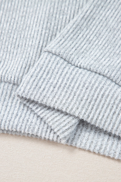 Women's Casual Light Grey Ribbed Long Sleeve Top with Color Contrast - Relaxed Fit for Effortless Everyday Style